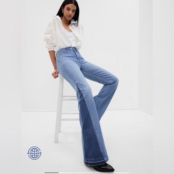 Gap | High Rise Patched '70s Flare Jeans Medium Indigo Size 29 Tall - Picture 1 of 11